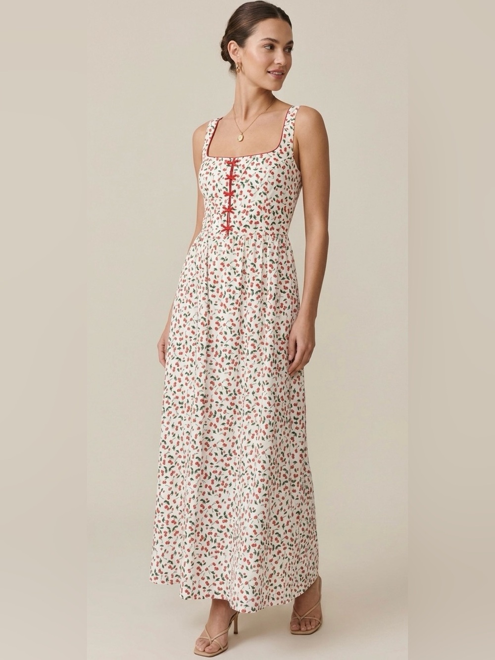 Caroline Constas Cherry Print Bow Dress Size Medium Milkmaid Cottagecore